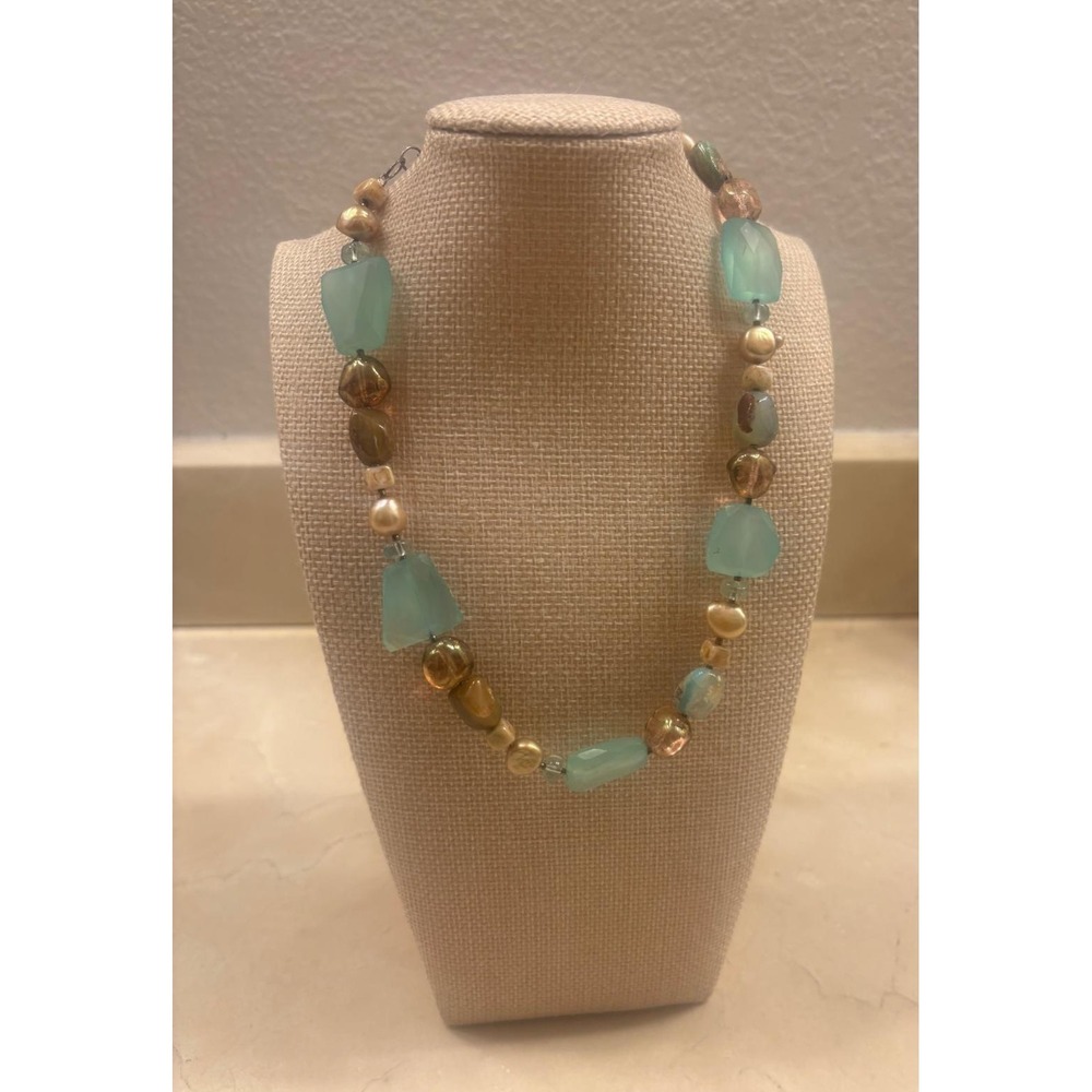 Sterling Silver Chunky Gems &‎ Pearls Necklace 15.5-17.5"